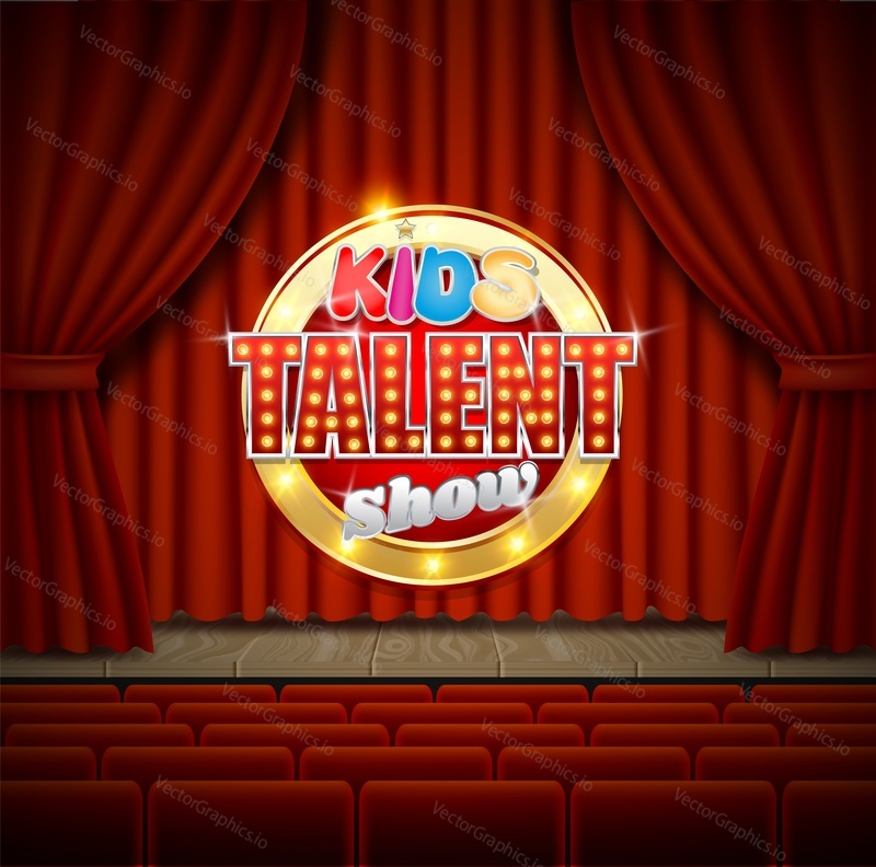 Theatrical stage with Kids talent show signboard on red velvet curtain, vector realistic illustration. Children talent show tv program poster banner template.