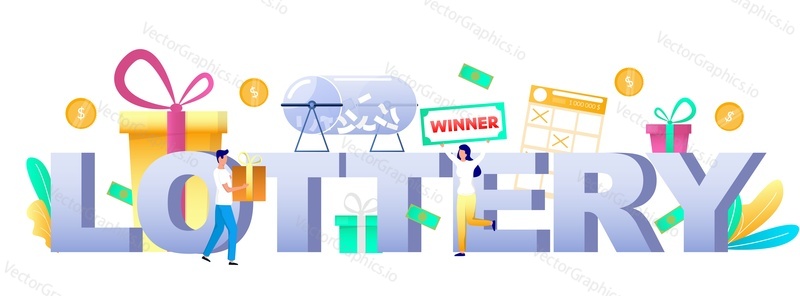 Lottery typography vector banner template. Raffle drum full of lottery tickets, man giving gift box to happy woman lotto game prize winner. Prize draw, gambling industry.