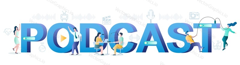 Podcast typografie vektorové banner šablony. Mužské a ženské postavy nahrávání a poslech podcastu. Online rádio, podcasting, vysílání.