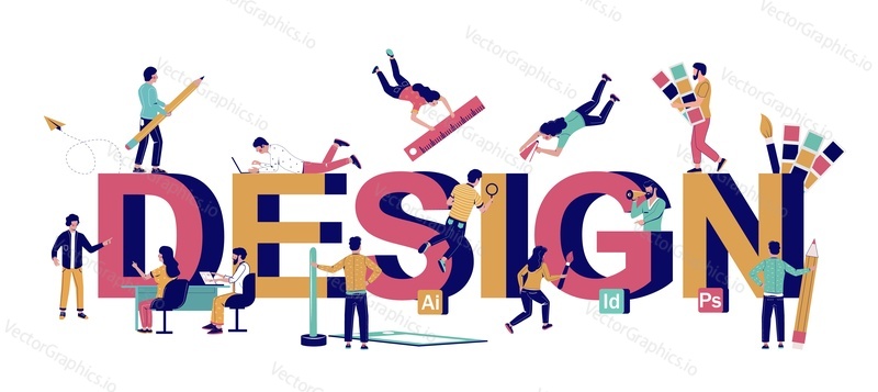 Design typography vector banner template. Busy tiny characters graphic designers, illustrators creating their work using paintbrush, pencil, ruler, color swatches etc. Graphic design studio services.