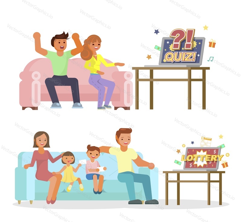 Счастливая пара, семья, играющая в викторины и лотерейные игры онлайн дома, сидя на диване, векторная плоская иллюстрация. Онлайн-азартные игры и обучающее игровое шоу.