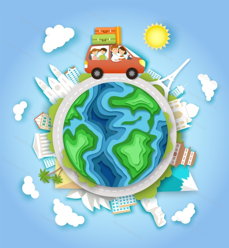 World car travel, vector illustration in paper art style. Happy family with two kids traveling by car, world famous landmarks. Family road trip, worldwide tour, summer vacation.