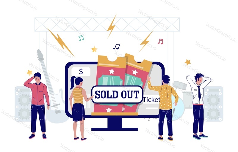 Concert tickets sold out concept vector flat illustration. Disappointed people standing in front of computer with sold out tickets for music event on screen.