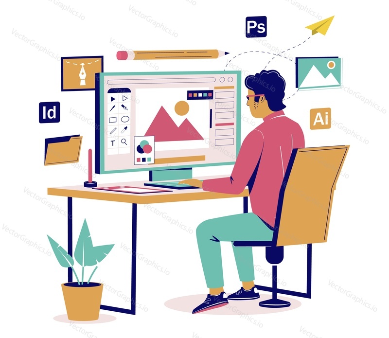 Graphic designer creating his artwork using computer software sitting at desk, vector flat isometric illustration. Digital artist, illustrator, graphic design professional at workplace.