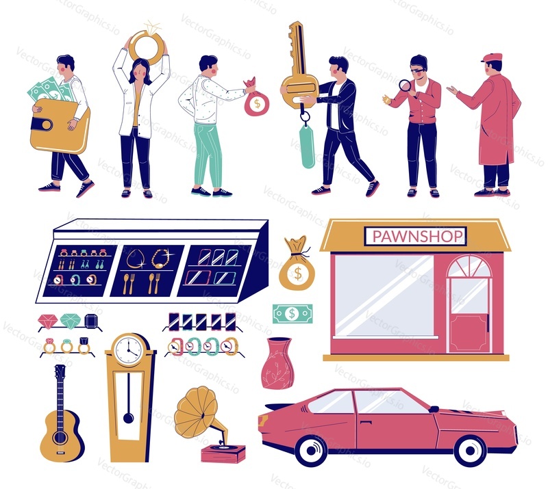 Pawnshop cartoon character set, vector flat isolated illustration. Pawn shop jeweler, pawnbroker, customer. Pawnshop building, car, jewelry, gemstones, antiques, guitar mobile phones for collateral.