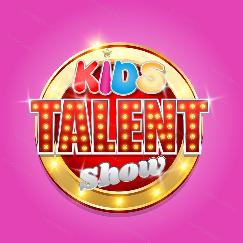 Kids talent show logo, signboard with glowing lights, vector illustration. Children talent television contest, competition.