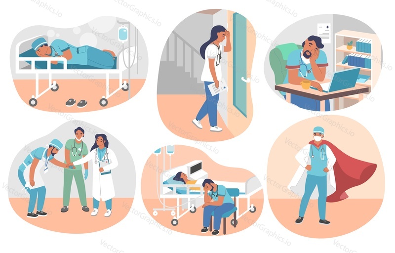 Tired overworked doctors, nurses, paramedics, vector flat isolated illustration. Exhausted healthcare professionals become doctors superheroes saving human lives fighting coronavirus Covid-19 disease.