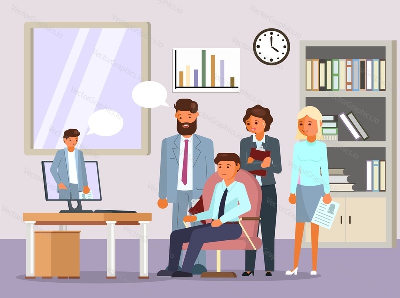 Online video call job interview, vector flat illustration. Live chat between employer, hr manager and job candidate. Virtual recruitment event.