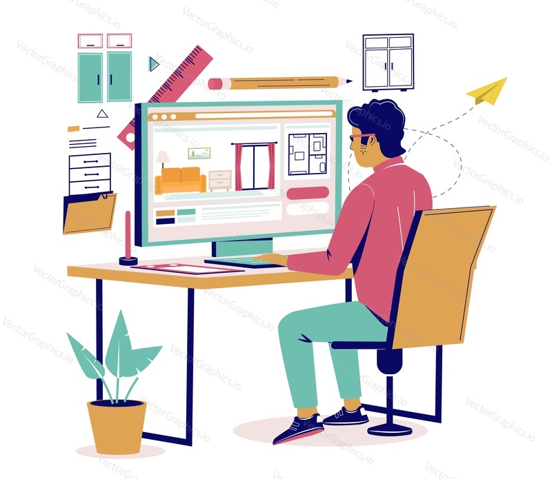 Interior designer arranging living room furniture on computer screen, vector flat isometric illustration. Creative art professional workplace. Online interior design services.