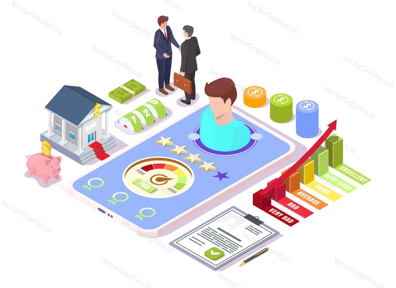 Credit score report, personal rating information online, isometric flat vector illustration. Credit score mobile app concept.