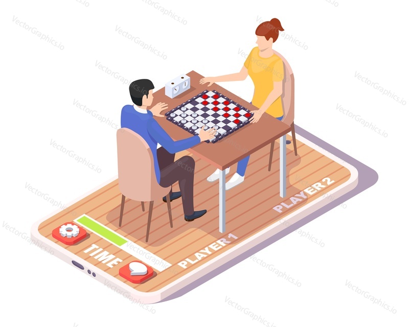 Izometrický mladý muž a žena hrající dámu na obrazovce smartphonu, ploché vektorové ilustrace. Zahrajte si deskovou hru mobile checkers online s přáteli.