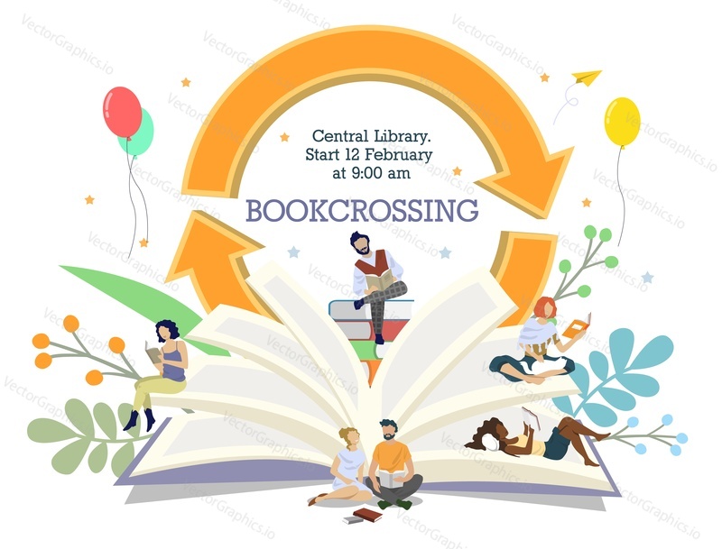 Bookcrossing invitation poster banner vector template. People enjoying reading literature while sitting, lying on sheets of open book, flat style design illustration. Book fair, exchange.