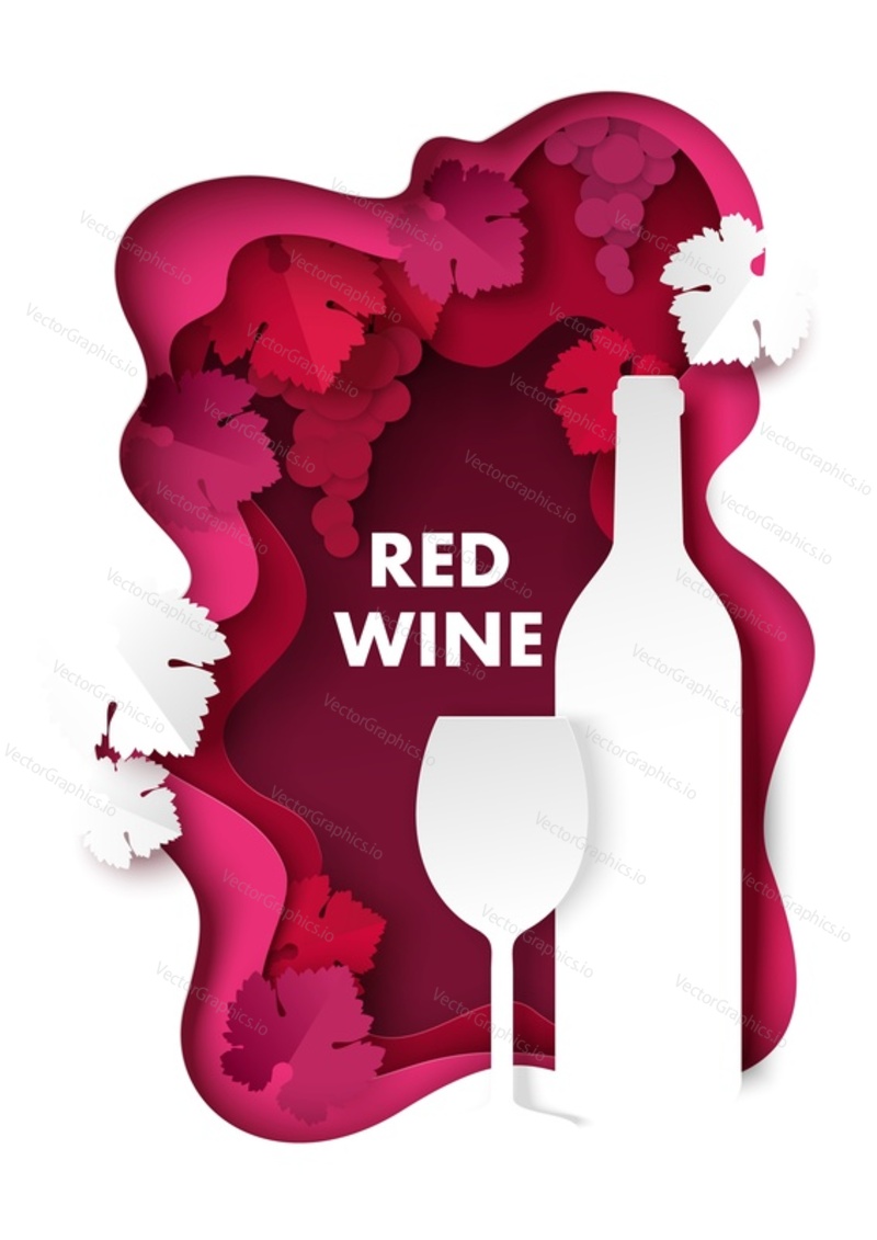Paper cut red wine splash with grapes, bottle and wine glass silhouettes, vector illustration. Restaurant menu, poster, banner, flyer template.
