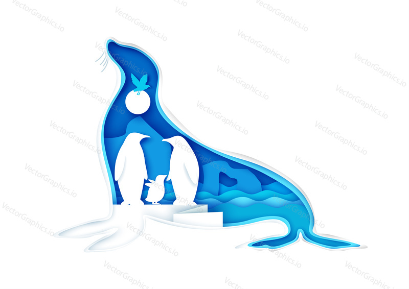 Velká silueta zvířete s arktickou krajinou, rodina pinguins a pták uvnitř, vektorové ilustrace v papírovém uměleckém stylu. Krása přírody. Zachraňte zvířata, Chraňte divokou zvěř. Vícenásobná expozice.