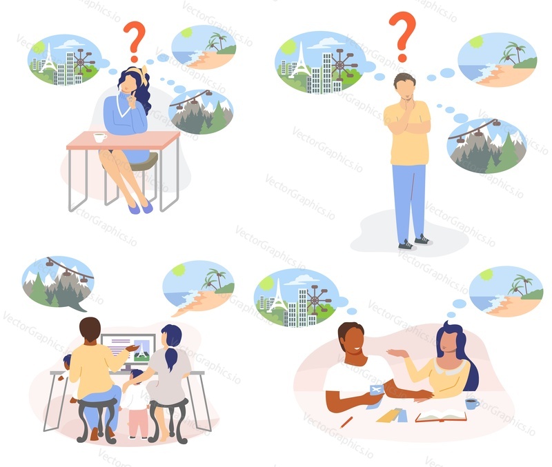 People planning summer vacation, vector flat isolated illustration. Man, woman, couple, family choosing traveling tour, beach or ski resort, travel to France. Tourism, journey, summer holidays.