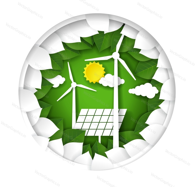 Zelená energie logo. Papír řezané Větrné mlýny a solární panely v kruhu se zelenými a bílými listy. Vektorové ilustrace ve stylu papírového umění. Úspora životního prostředí, alternativní energie, ekologický koncept.