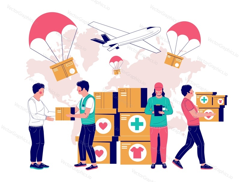 Dobrovolníci dávají dárcovské krabice potřebným lidem, vektorové ploché illustratin. Zdravotnické potřeby, dárcovství potravin a oděvů. Koncept humanitární pomoci pro webový banner, webovou stránku atd.
