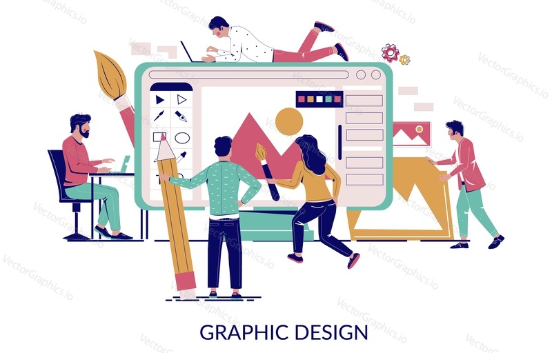 Graphic designer illustrator team creating vector illustration using computer software tools such as paintbrush, pencil etc. Graphic design studio concept for web banner, website page etc.