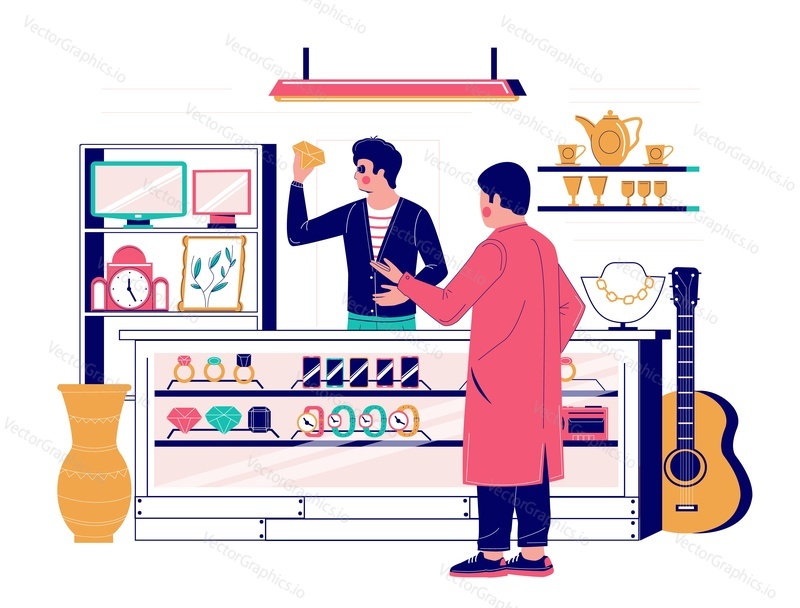 Pawnshop services, vector flat illustration. Customer male character visiting pawnshop to get loan and leave gemstone as collateral. Jewelry expert appraiser or pawnbroker making appraisal of it.