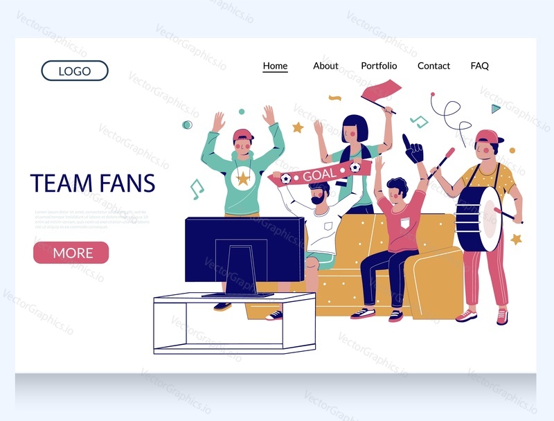 Team fans vector website template, landing page design for website and mobile site development. Happy football fans and friends watching soccer match on tv together supporting their favorite team.