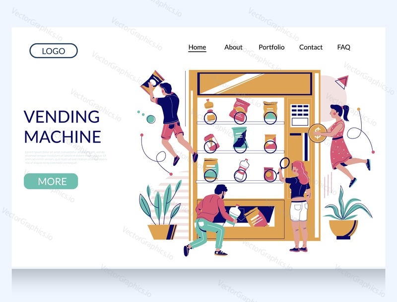 Vending machine vector website template, landing page design for website and mobile site development. Happy characters consumers buying snack foods and drinks from vending machine or dispenser.