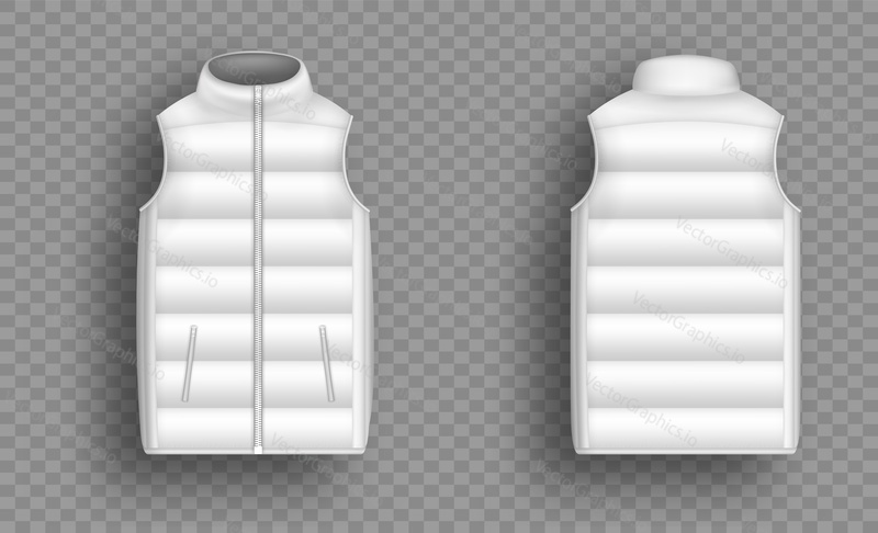 Bílá Zimní puffer vesta, bez rukávů bunda maketa set, vektorové ilustrace izolovaných na průhledném pozadí. Realistická teplá vesta, polstrovaná vesta, přední a zadní pohled.