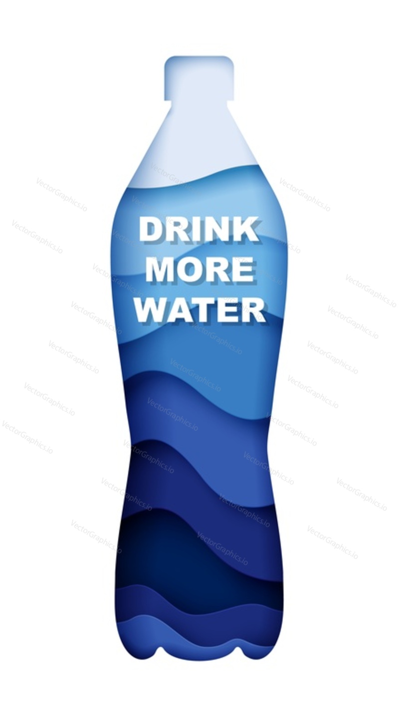 Drink more water motivation quote on paper cut drinking water plastic bottle, vector illustration. Healthy lifestyle.