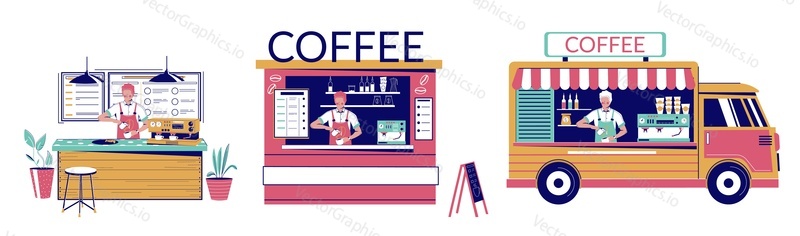 Coffee truck, coffeeshop and street cafe with barista male characters making hot energy drinks for visitors, vector flat illustration. Street food bus, outdoor cafe, terrace, coffee house concept.