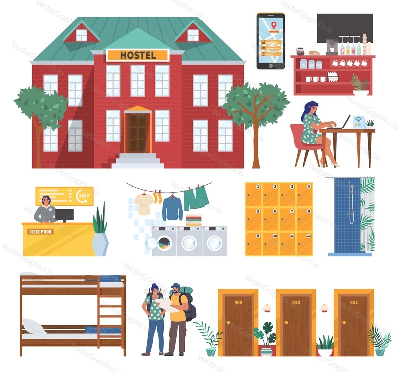 Hostel set, flat vector illustration isolated on white background. Hostel building, reception, cafe, lockers, shower, laundry room, bed, tourist couple, girl working on laptop.