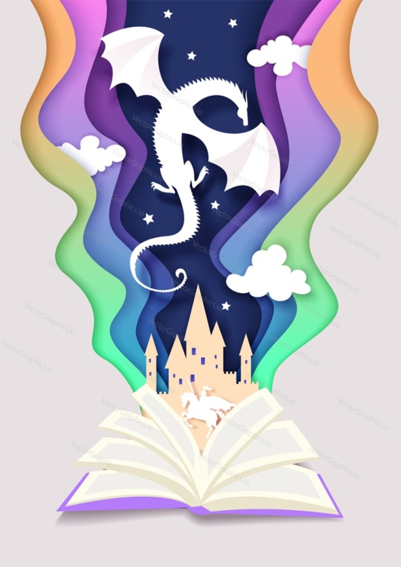 Open story book with medieval castle, knight and fairy dragon character silhouettes. Vector illustration in paper cut craft style. Fairytale book with magic kingdom for kid education. Fairy Tale Day.