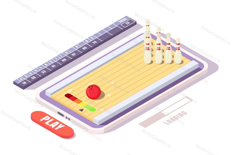 Izometrická bowlingová koule a kuželky na obrazovce smartphonu, plochá vektorová ilustrace. Mobilní hry. Bowling hra na mobilním telefonu.