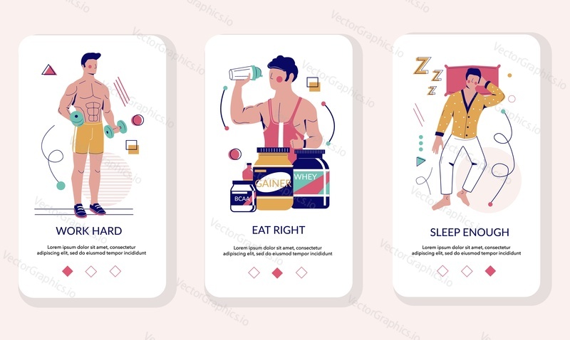 Zdravý životní styl mobilní aplikace onboarding obrazovky. Menu banner vektorová šablona pro vývoj webových stránek a aplikací. Trénink sportovce, pití proteinového koktejlu, spaní. Fitness, strava, zdravý spánek.