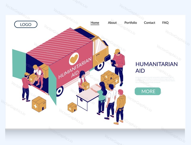 Vektorová šablona webových stránek humanitární pomoci, design vstupní stránky pro vývoj webových stránek a mobilních stránek. Dobrovolníci vykládají náklaďák humanitární pomoci a dávají kartonové krabice lidem čekajícím ve frontě.