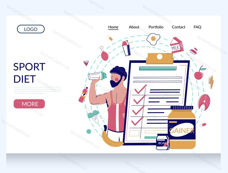 Šablona webových stránek Sport diet vector, design vstupní stránky pro vývoj webových stránek a mobilních stránek. Kulturista s proteinovou třepačkou, sportovní výživou, potravinami bohatými na vitamíny. Aktivní životní styl a strava.