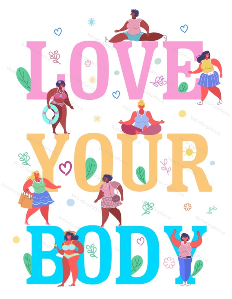 Шаблон баннера типографии Love your body, векторная плоская иллюстрация. Счастливые разнообразные женщины больших размеров в летней одежде гуляют, загорают, сидят в позе йоги, тренируются, ходят по магазинам с позитивной концепцией тела
