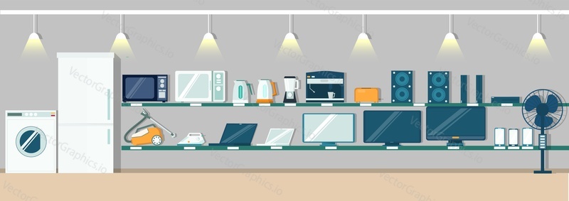 Современный интерьер магазина электроники, векторная плоская иллюстрация. Холодильник, стиральная машина, другие потребительские электронные товары и бытовая техника на полках для плакатов, баннеров и т.д.