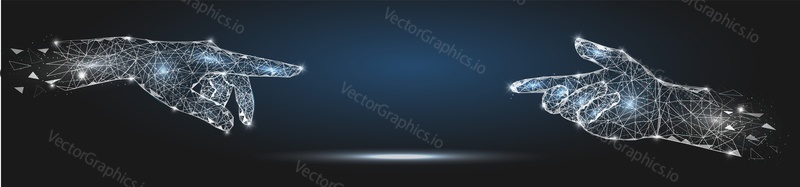 Lidské dotykové ruce, vektorové plakát banner design šablony. Nízké poly umění, polygonové drátěné pletivo. Lidská komunikace, inovace, budoucí technologie.