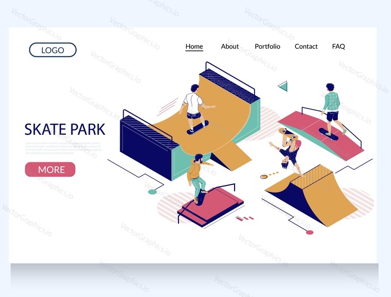 Skate park vector website template, landing page design for website and mobile site development. Isometric skateboard ramp in city park and teenagers performing stunts on skateboards.