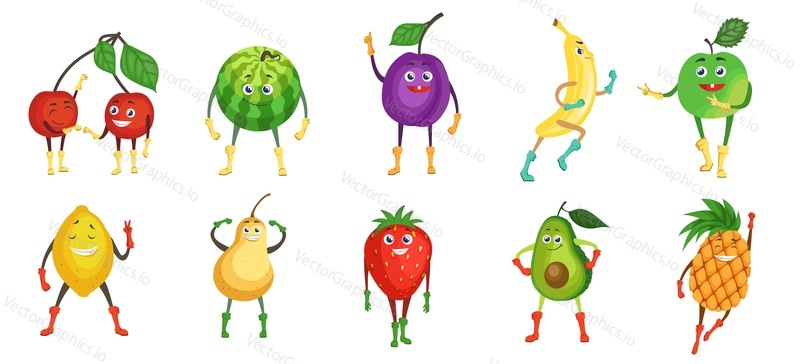 Cute and funny fruit character set, flat vector illustration. Summer fruits and berries. Happy cartoon cherry, watermelon, plum, banana, apple, lemon, pear, strawberry, avocado, pineapple with faces.