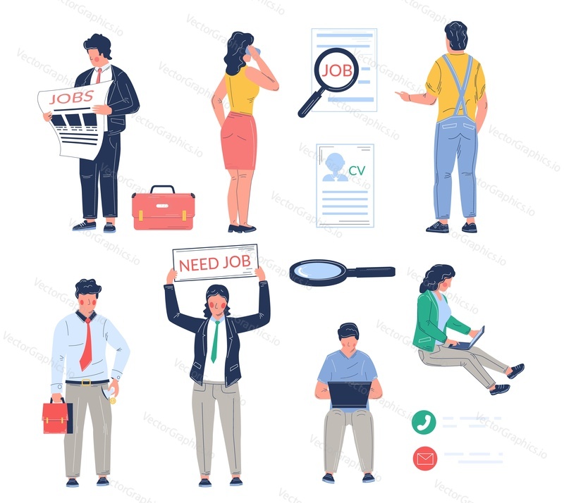 Job search male and female cartoon character set, vector isolated illustration. Job candidates with newspaper, cv, laptop, mobile phone looking for work. Employment, recruitment, career.