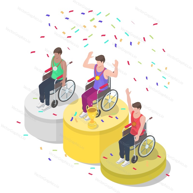 Happy male athletes in wheelchairs with gold trophy cup, medals on winner podium, flat vector illustration. Isometric winners, competitors of sport event celebrating victory. Disabled people lifestyle