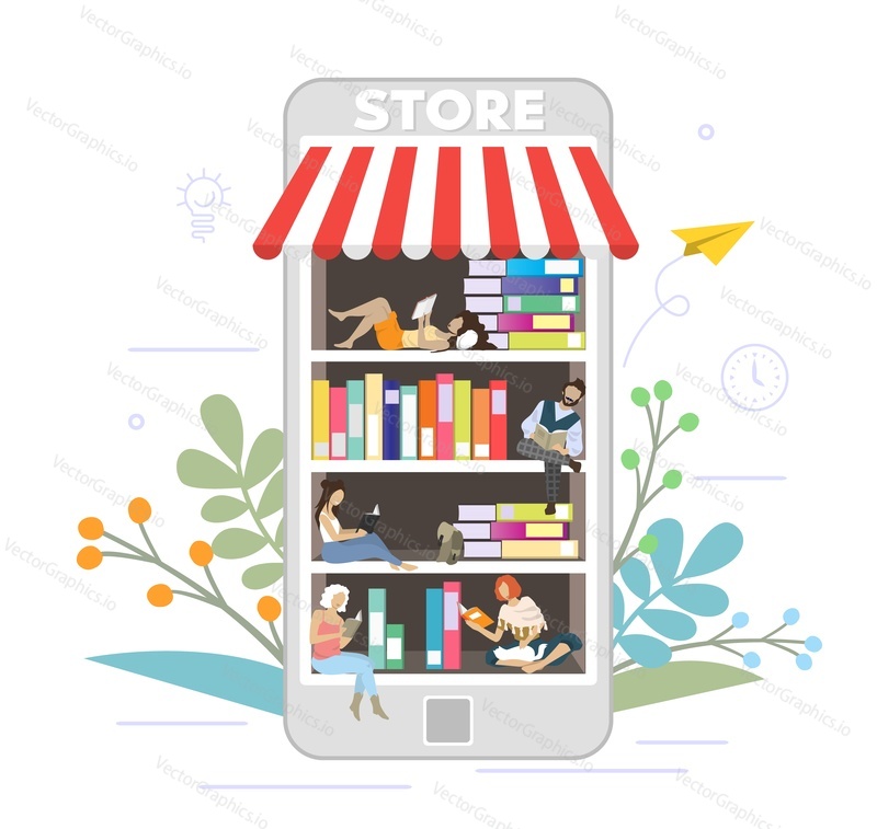 Огромный книжный магазин для смартфонов с людьми, читающими книги, сидя и лежа на книжных полках, векторная плоская иллюстрация. Концепция онлайн-покупок в книжном магазине для веб-баннера, страницы веб-сайта и т.д.