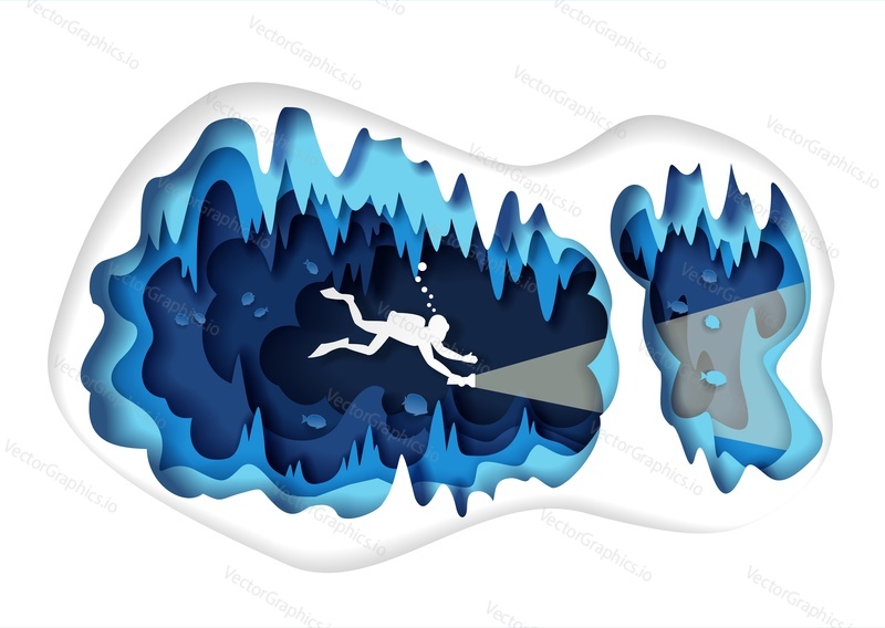 Paper cut craft style underwater sea cave with fishes and diver silhouette swimming with diving flashlight, vector illustration. Underwater world landscape. Scuba diving poster banner design template.