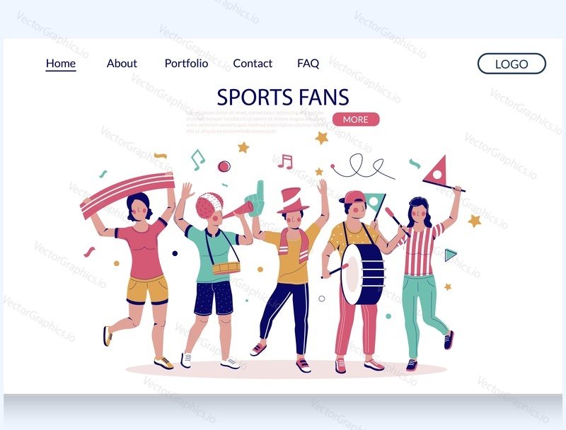 Sports fans vector website template, landing page design for website and mobile site development. Happy people football fans cheering for their favorite sport team or celebrating victory.