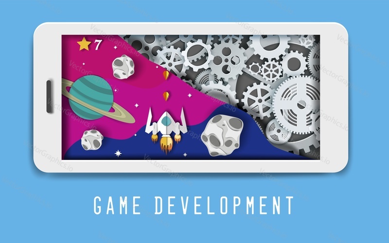 Mobile game development banner template, vector illustration. Smartphone screen with paper cut style cogwheel gear clock mechanism and space background for galaxy video game. Mobile gaming concept.