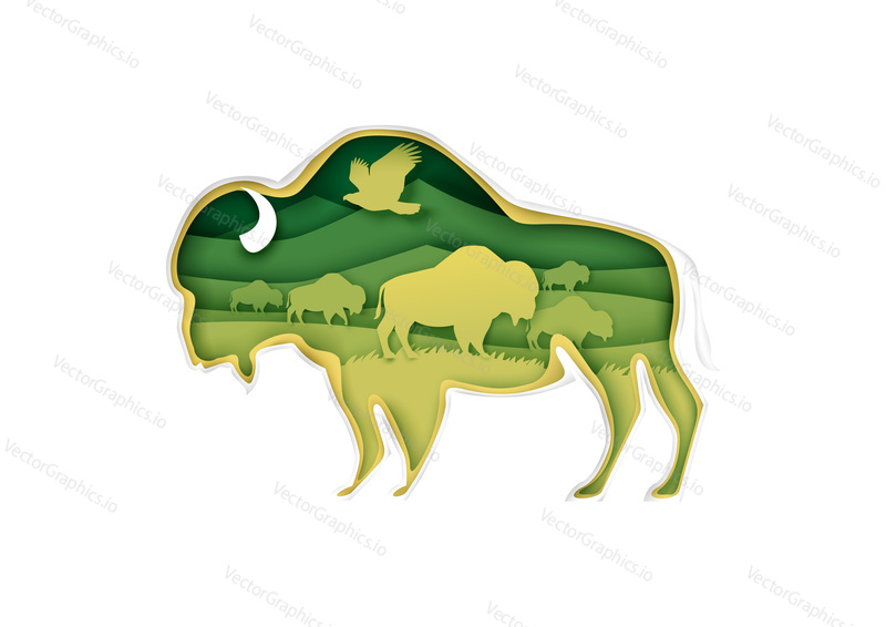 Large buffalo silhouette with prairie nature landscape, flying bird, american bison inside, vector illustration in paper art style. Beauty of nature. Save animals, protect wildlife. Multiple exposure.