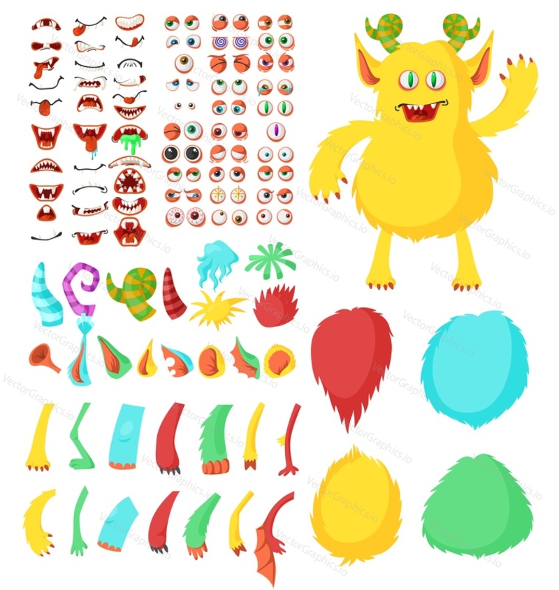 Cute monster cartoon character constructor kit, flat vector isolated illustration. Funny animal and creature body parts. Alien eyes, ears, horns, mouths, teeth, legs, hands, tails for monster creation