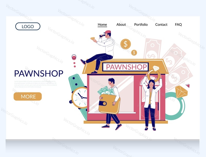 Pawnshop vector website template, landing page design for website and mobile site development. Pawnshop building, male and female characters worker, customers holding wallet with money, diamond ring.