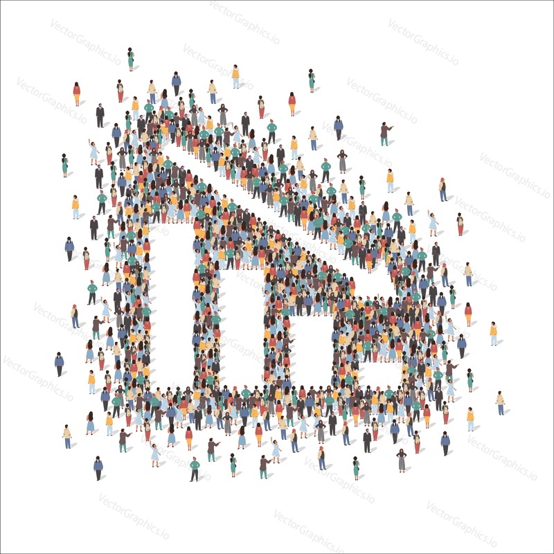 Large group of people forming falling chart sign with down arrow standing together, flat vector illustration. People crowd gathering. Business failure, financial and economic crisis.