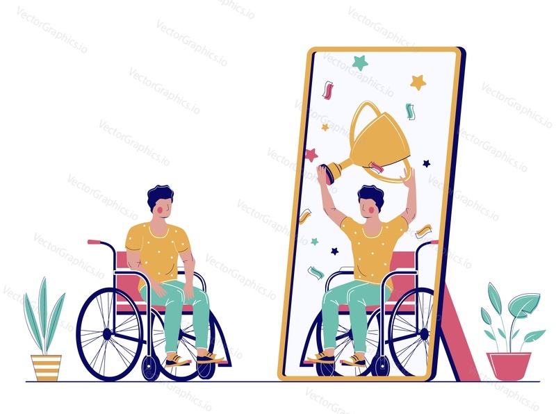 Disabled man in wheelchair watching himself with gold trophy cup in the mirror, flat vector illustration. Believe in yourself and change your life concept.